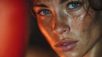 Young Caucasian woman with freckles and striking blue eyes in dramatic orange lighting for beauty and portrait photography projects.