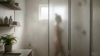 Modern bathroom interior with frosted glass shower door and silhouette of person bathing, minimalist design with natural light and contemporary fixtures.
