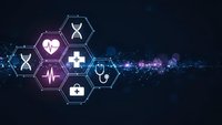 Medical healthcare technology concept with hexagonal icons including DNA, heartbeat, cross, stethoscope on digital network background for modern medicine applications.