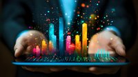 Colorful holographic data visualization bars floating above tablet device held in hands, glowing particles and light beams creating futuristic business analytics display.