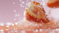 Fresh strawberry splashing in water with droplets creating dynamic motion against pink background, macro photography capturing fruit in action.
