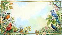 Watercolor frame with colorful songbirds perched on autumn branches with oak leaves and berries, creating decorative border for seasonal designs.
