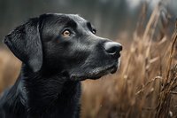 Black Labrador retriever with amber eyes looking attentively in autumn field with golden dry grass. Portrait captures loyal companion in natural setting.