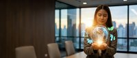 Young Asian businesswoman holding glowing digital network sphere with connectivity icons in modern office conference room at sunset.