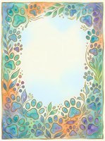 Colorful paw print border frame with botanical leaves in watercolor style, isolated on white background, ready for design use on cards, invitations, posters, and pet-themed projects.