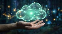 Hand holding glowing digital cloud with binary code data streams for technology business computing solutions and network connectivity concepts.