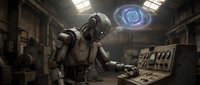 Futuristic robot scientist working with holographic display and control panels in advanced laboratory setting for sci-fi technology concepts.