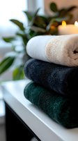 Soft folded towels in white, charcoal and emerald green stacked on bathroom shelf with glowing candle and green plants creating spa-like atmosphere for relaxation.
