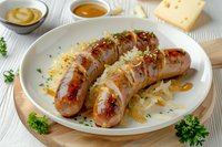 Grilled bratwurst sausages served on sauerkraut with mustard sauce and fresh herbs garnish on white plate, wooden cutting board background with cheese and condiments.