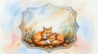 Two cute foxes sleeping together among autumn leaves in a decorative frame, watercolor style, soft pastel background for nursery or greeting card.