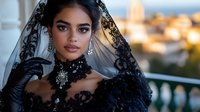 Young Hispanic bride in luxurious black lace wedding dress and veil poses against blurred cityscape background during golden hour sunset, wearing elegant jewelry and gloves.