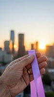 Male hand holding pink ribbon against urban skyline at sunset, symbolizing health awareness and charitable support for disease prevention campaigns.