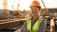 Smiling female construction worker in hard hat and safety vest at building site during golden hour sunset with cranes and equipment in background.