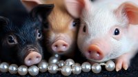 Three adorable piglets in black, tan and white colors peek over a strand of pearl necklace against dark background, creating whimsical farm animal portrait.