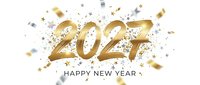 Young woman with medium skin tone, wearing professional business attire, celebrating 2024 New Year with gold confetti and metallic decorations on white background, suitable for holiday greeting cards and seasonal marketing campaigns.