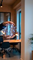 Businessperson holding glowing digital sphere with network connections and data analytics icons in modern office environment for technology and innovation concepts.