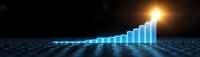 Growing blue glowing bar chart with golden light peak on dark digital surface, showing business progress and achievement visualization in futuristic style.