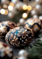 Ornate navy blue Christmas ornament with intricate gold floral pattern and rhinestone details against blurred bokeh lights and evergreen branches.