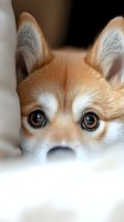 Adorable red and white corgi dog with expressive brown eyes looking directly at camera in close-up portrait shot for pet photography and animal lover content.