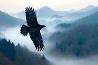 Majestic black raven soaring against misty mountain landscape at dawn, wings spread wide in flight, silhouetted against foggy blue peaks and forest backdrop.