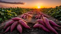 Fresh sweet potatoes harvested at golden hour sunset in agricultural field with green crops growing in background soil.