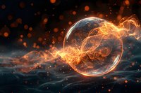 Mystical glowing sphere with fiery energy streams in dark space, perfect for fantasy, science fiction or spiritual designs. Dynamic orange flames wrap around transparent orb.