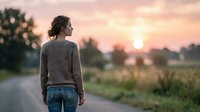 Young woman with dark hair wearing casual sweater and jeans standing on rural road at sunset, gazing toward horizon over agricultural fields and trees.