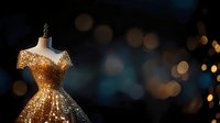 Elegant gold sequin evening gown on mannequin against dark background with bokeh lights, showcasing luxury fashion craftsmanship.