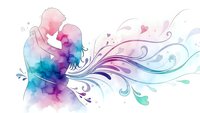 Watercolor silhouette of mother holding baby with flowing decorative swirls and hearts in soft pastel colors on white background for motherhood designs.
