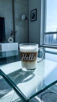 Latte in a glass mug with Hello inscription on a glass table in a modern apartment with city view and natural light.