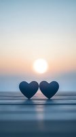 Two heart silhouettes against sunset sky and calm water surface create romantic mood with soft pastel colors and sun reflection for Valentine's day designs.