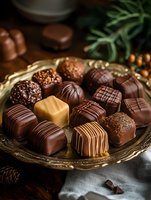 Assorted luxury chocolate pralines and truffles on vintage golden plate. Dark and milk chocolate bonbons with different toppings and decorative patterns.