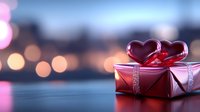 Red gift box with heart decorations on reflective surface against blurred bokeh lights background, romantic holiday celebration mood in pink and blue tones.