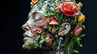 Surreal portrait of woman with floral tattoos and real flowers growing from skin, fantasy art concept for creative projects and artistic designs.