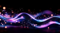 Glowing neon wave lines with purple and blue gradient colors on dark background, sparkles and bokeh effect create futuristic abstract design pattern.