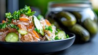 Fresh salmon poke bowl with cucumber slices, red onion and herbs served in dark ceramic bowl, pickled cucumbers in glass jars in background, healthy food.