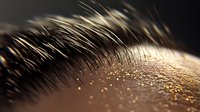 Close-up macro shot of dark eyebrow with golden glitter particles scattered on skin, showing fine hair details and sparkly makeup artistry effect.