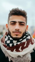 Young Middle Eastern man with styled hair and beard wearing patterned winter scarf, close-up portrait against blurred urban background. Gentle smile and confident expression.