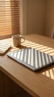 Laptop and coffee mug on wooden desk with sunlight streaming through blinds, creating striped shadows. Minimalist workspace setup for remote work, productivity, and business concepts.