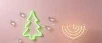 Green neon Christmas tree and golden menorah with ornaments on pink background for holiday celebration and winter festivities.
