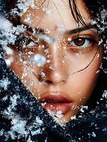 Close up portrait of young Asian woman with snow crystals and frost on face, wet hair strands, dramatic winter beauty makeup and red lips against dark background.