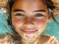 Close up portrait of young woman with wet hair and glowing skin partially submerged in turquoise water, showing natural smile and bright eyes in summer sunlight.