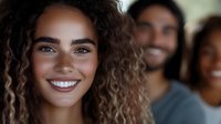 Young mixed race woman with curly hair and bright smile in foreground, diverse group of friends blurred in background creating warm, inclusive atmosphere.