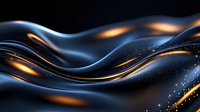 Luxurious dark waves with glowing golden accents and sparkles create dynamic flowing abstract background pattern with smooth glossy texture and light effects.