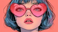Young woman with blue bob haircut wearing heart-shaped pink sunglasses on coral background. Stylish portrait for fashion and lifestyle projects.