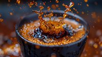 Liquid crown splash in dark coffee cup with flying droplets and bubbles captured in high speed macro photography against dark background.