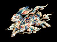 Running rabbit with ornate floral patterns and swirling clouds, isolated on transparent background, ready for t-shirts, stickers, sublimation, and print on demand.