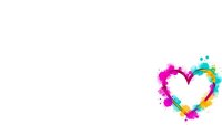 Colorful paint splash heart shape with vibrant pink, blue and yellow watercolor splatters on white background for romantic design projects.