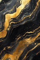 Luxurious black and gold marble texture with flowing liquid effect. Abstract background with metallic golden veins and swirling patterns for luxury design projects.