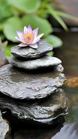 Pink water lily atop wet stacked stones in zen garden setting, with soft green background and water reflections creating peaceful spa atmosphere.